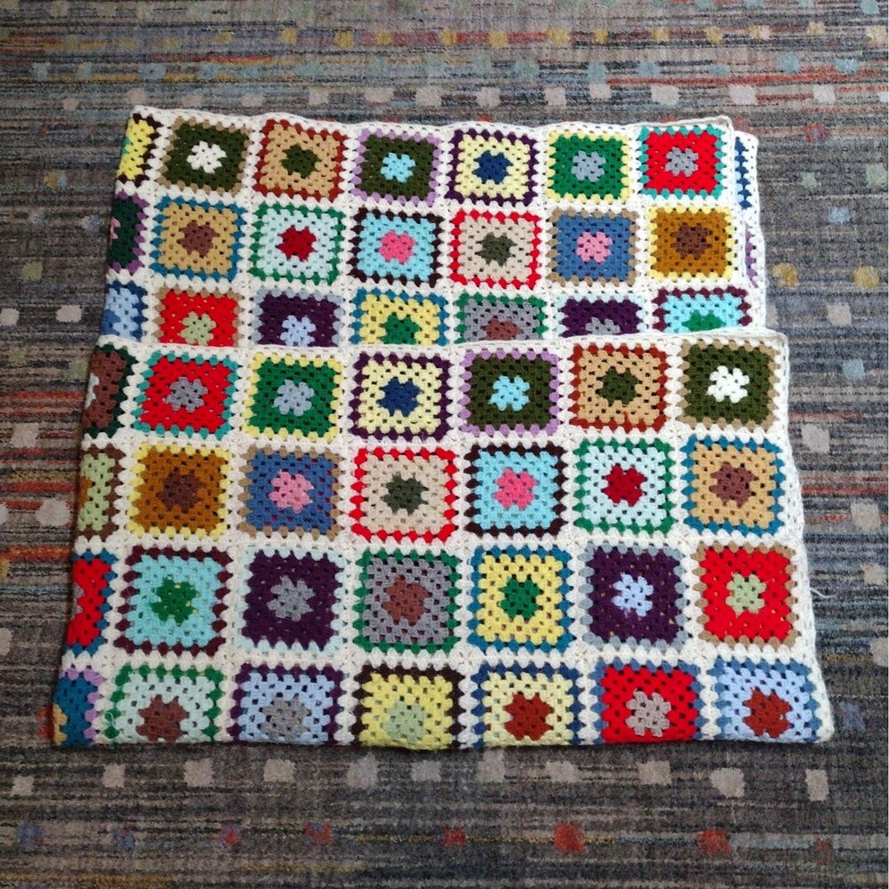 Granny Square Crochet Throw Blanket Vintage Scrap Yarn Chair Couch Lap Afghan